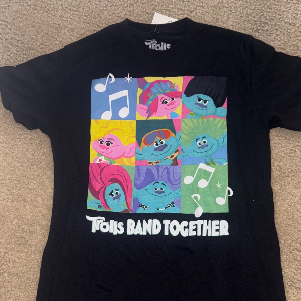 Trolls Band Together Black Tee with Colorful Characters